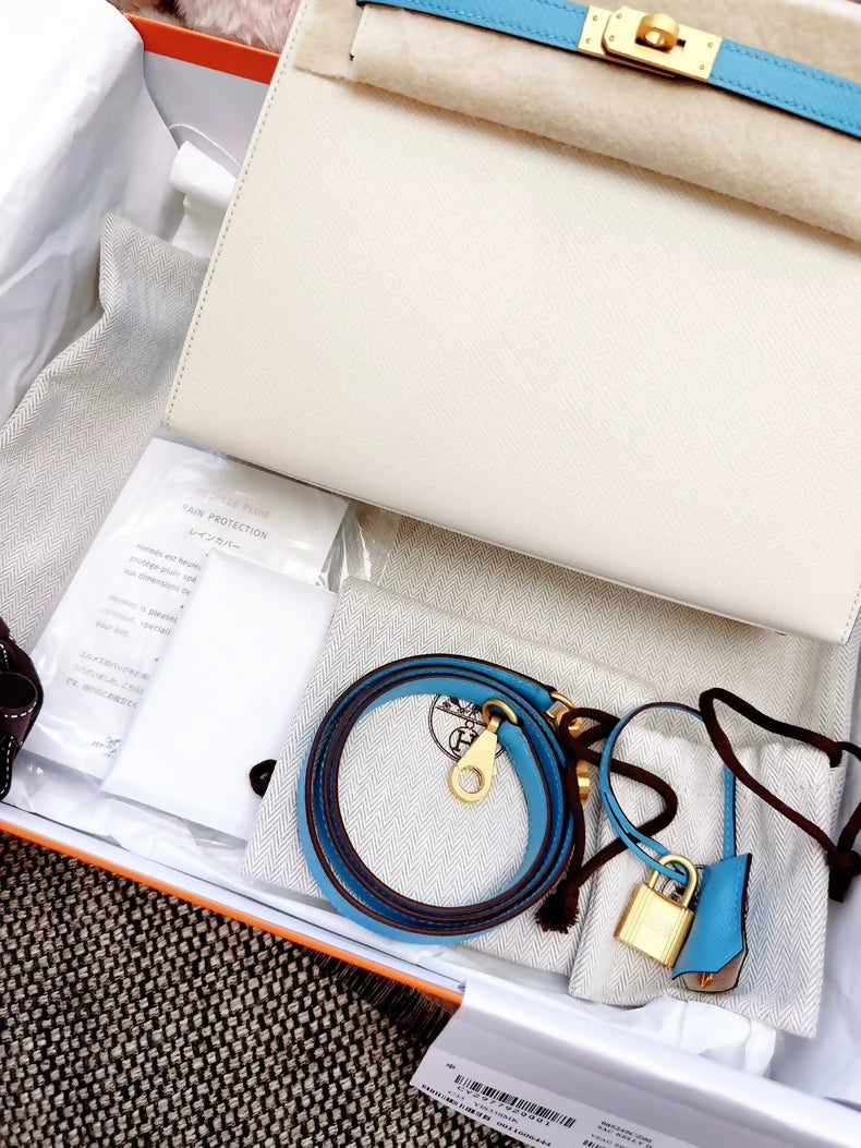 Hermes Kelly 25 special order ecru  blue Epsom leather brushed gold hardware