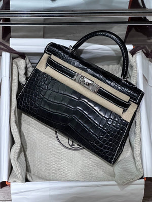 Hermes mini Kelly 20 black matte crocodile leather palladium hardware with white stitching