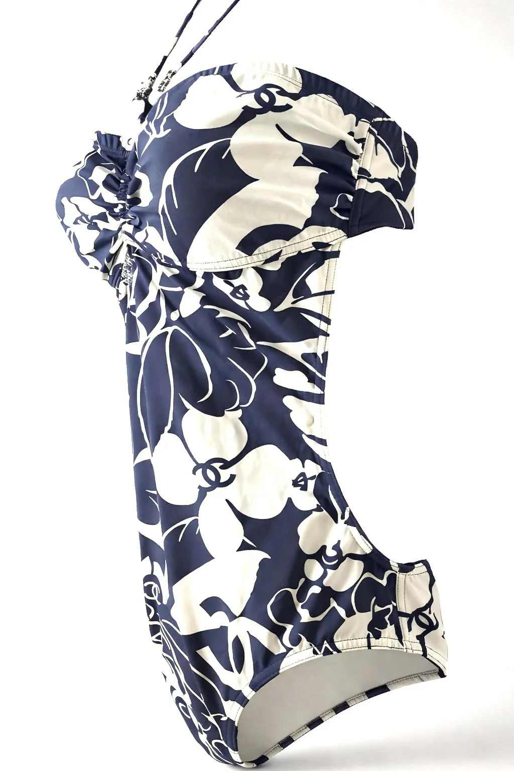 Chanel 2021 Coco Beach Dark Navy White One-Piece Cut Out Swimsuit FR 40
