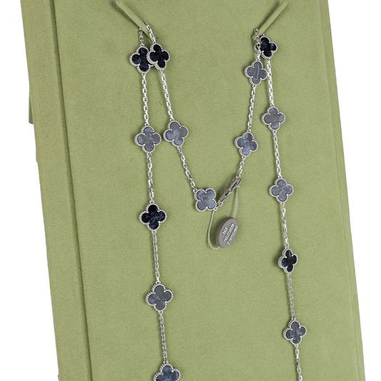 Van Cleef  Arpels 18K White Gold Pietersite Vintage Alhambra 20 Motifs Necklace