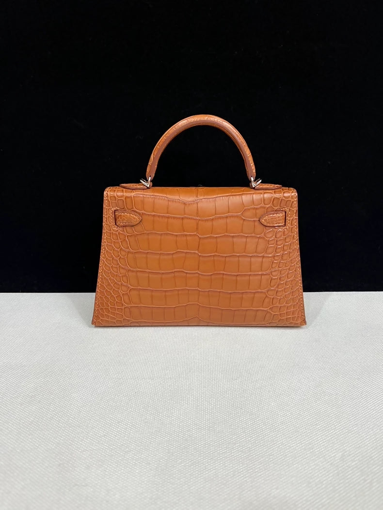 Hermes Mini Kelly 20 Gold Brown Matte Alligator Palladium Hardware