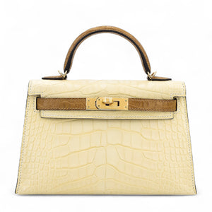 Hermes Mini Kelly 20 Kraft Vanille Matte Alligator Gold hardware
