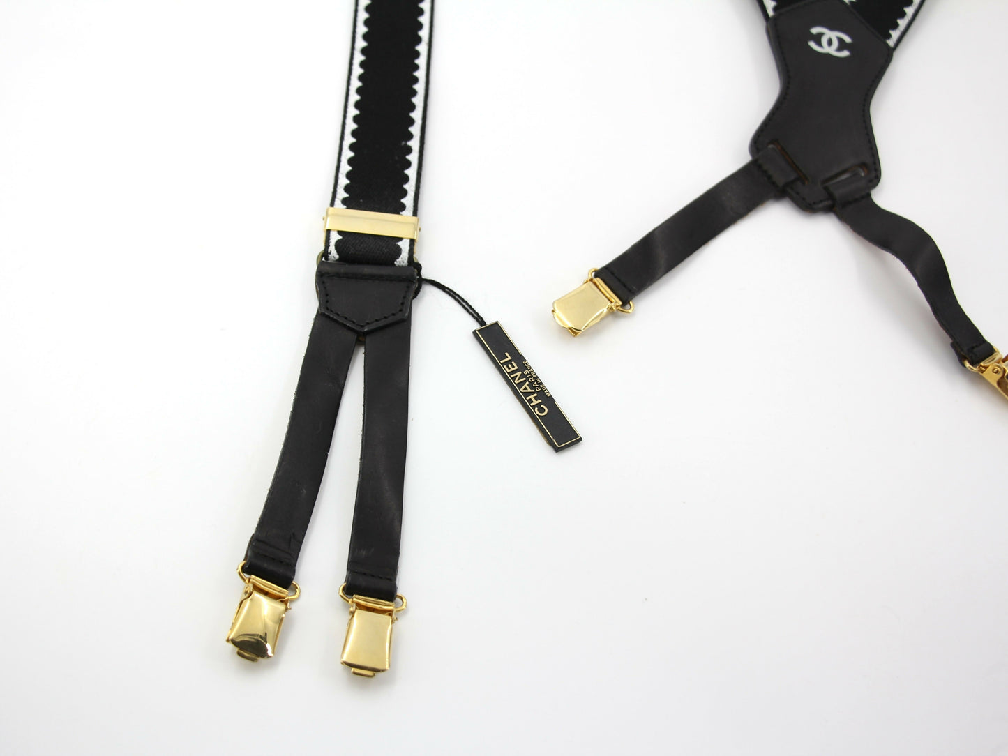 Chanel Vintage 94P Leather  Canvas Coco Mark Suspenders in Black with Gold Hardware