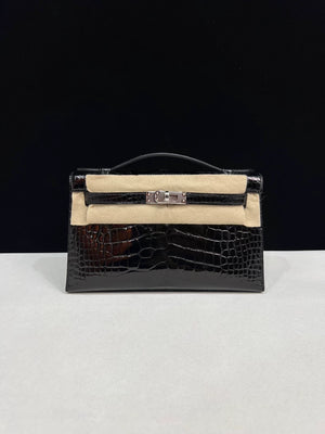 Hermes Kelly Pochette Black shiny Crocodile Leather with palladium hardware