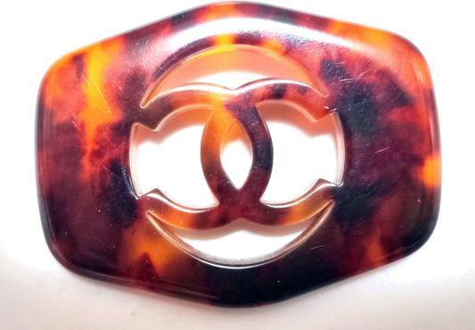 Chanel Vintage 97P Acrylic Tortoise Carved Quilted Hollow CC Logo Brooch