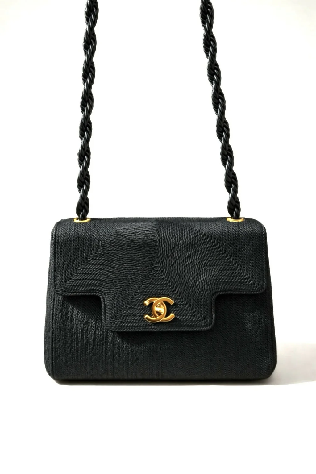 Rare Chanel 1997 Vintage Kelly Black Silk Rope Braided Flap Bag 24K Gold Hardware
