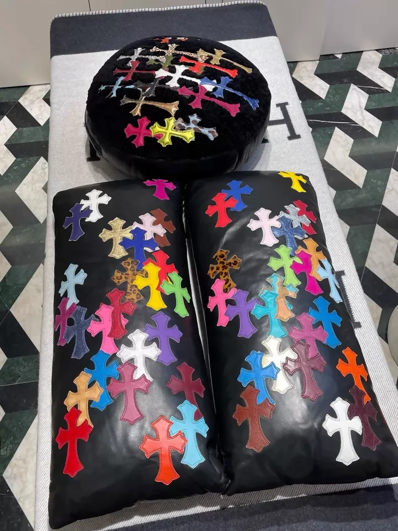 Chrome Hearts black pure leather cross-patterned leather throw pillows