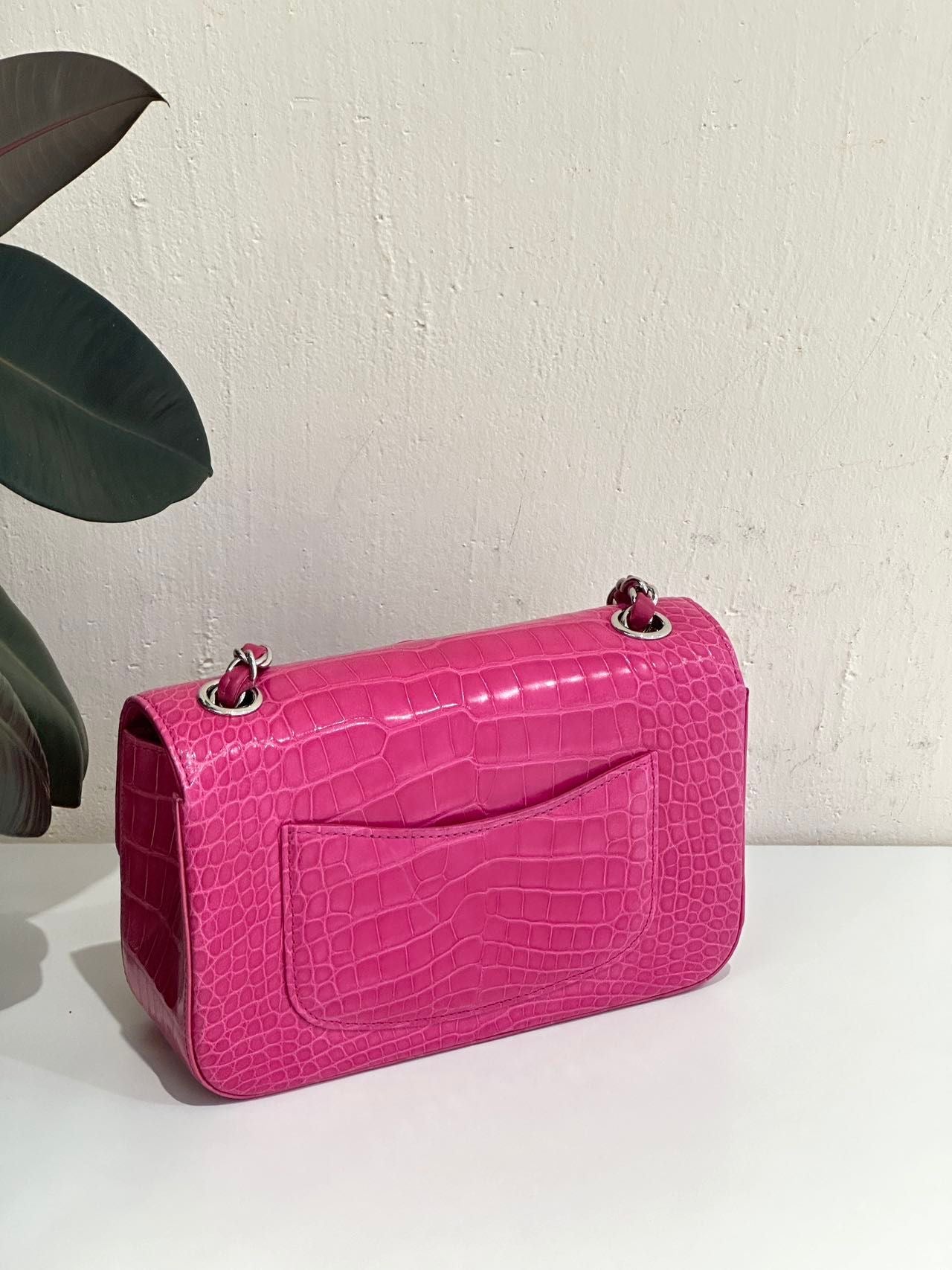 Chanel pink Alligator leather mini flap silver hardware
