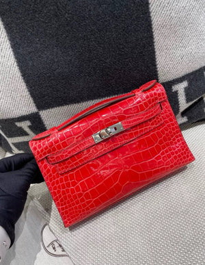 HERMÈS KELLY POCHETTE RED SHINY ALLIGATOR PALLADIUM HARDWARE