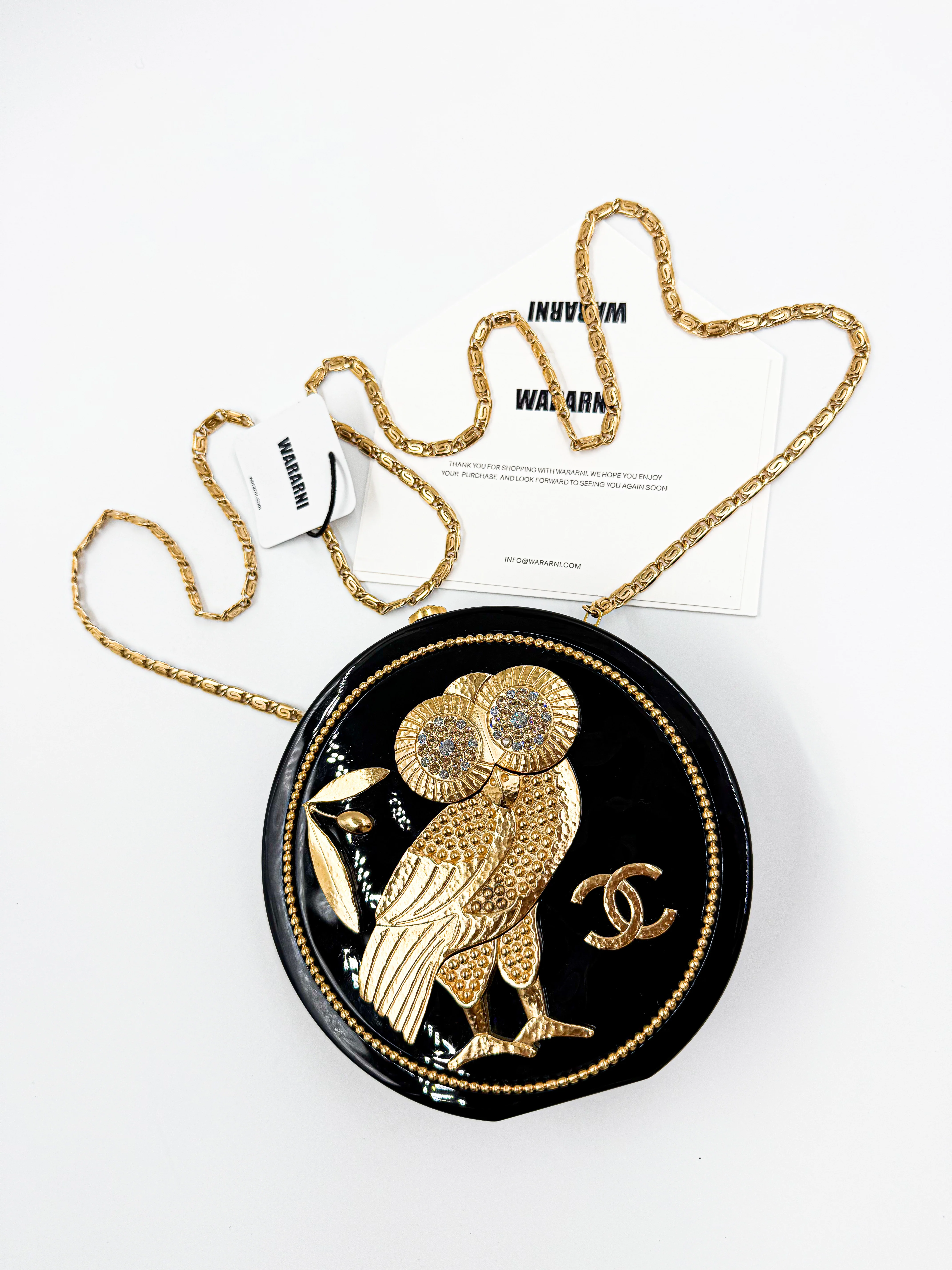 Chanel 18C Black Plexiglass & Gold Owl Gold-Tone Hardware Minaudière