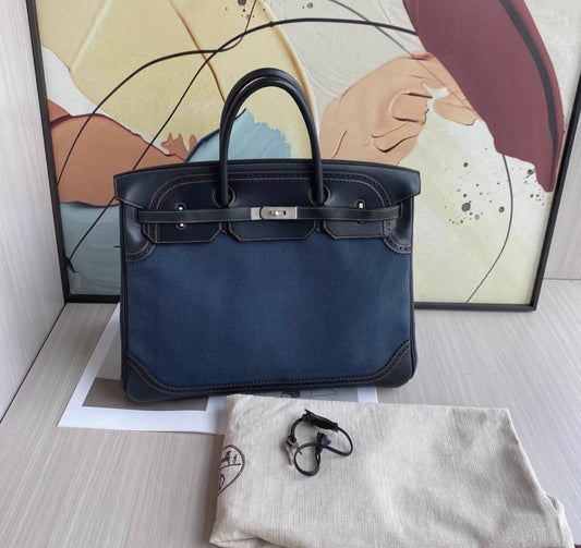 HERMÈS Birkin Ghillies 40 Noir Denim Denim Evercalf Brushed Palladium