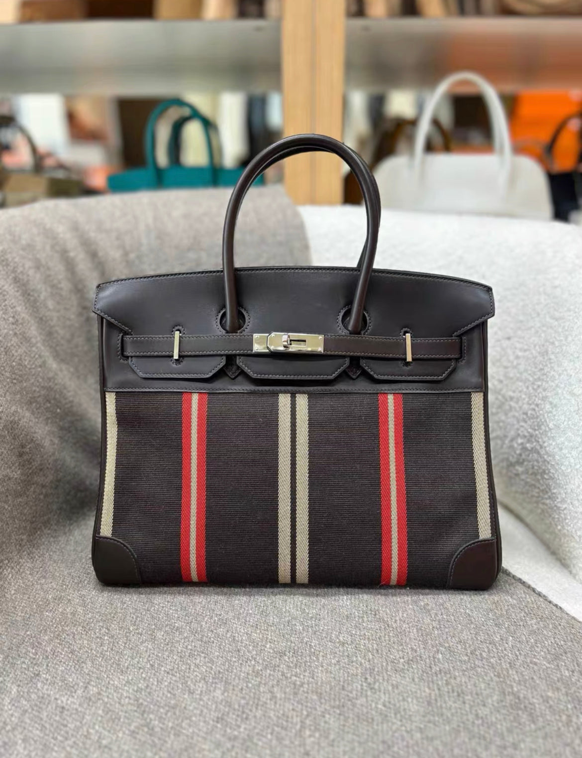 HERMÈS JUMPING BIRKIN 35 MULTICOLOR CANVAS AND EBENE BOX PALLADIUM HARDWARE