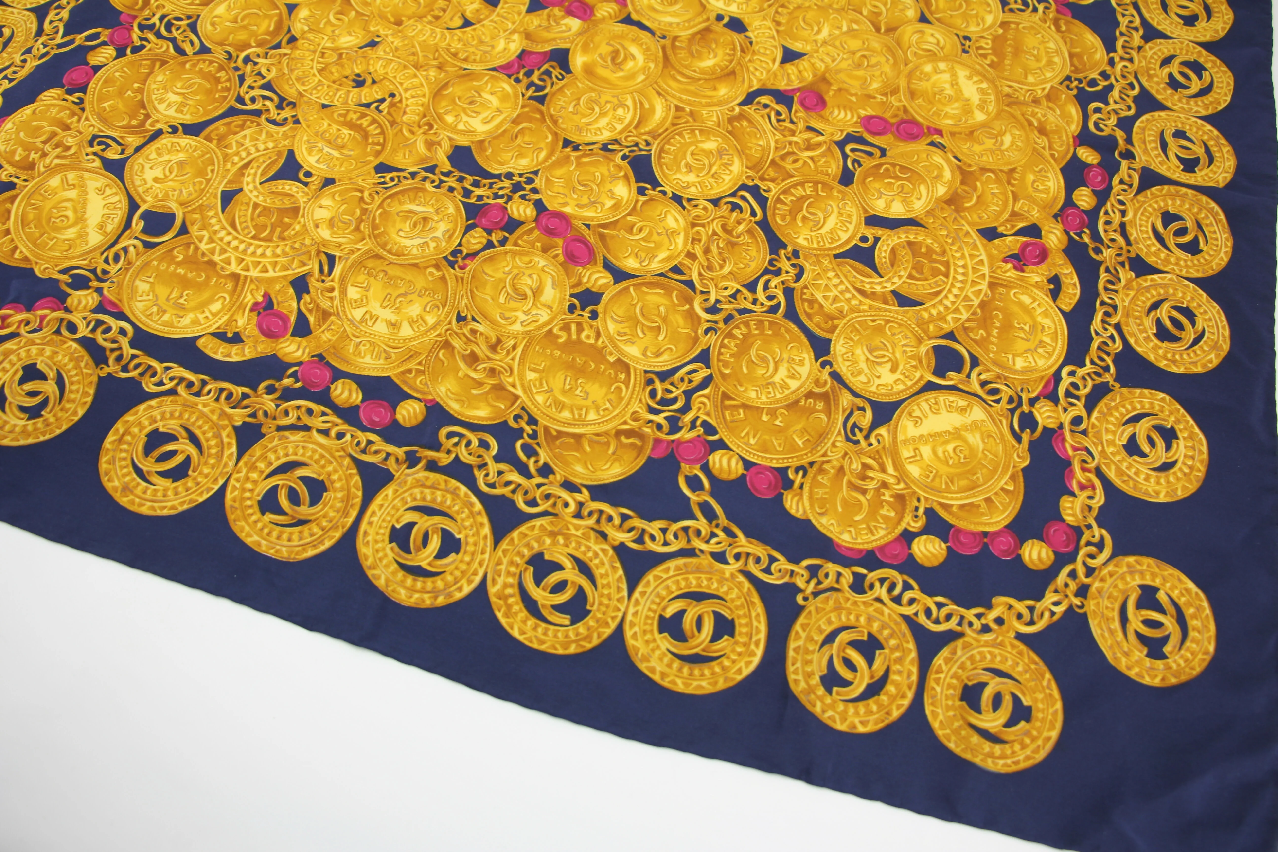 Chanel 100% Silk Navy Blue Chain and Gold Coin Pattern Scarf