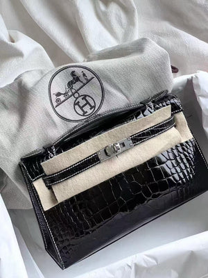 Hermès Kelly Pochette Black Shiny Porosus Crocodile Palladium Hardware