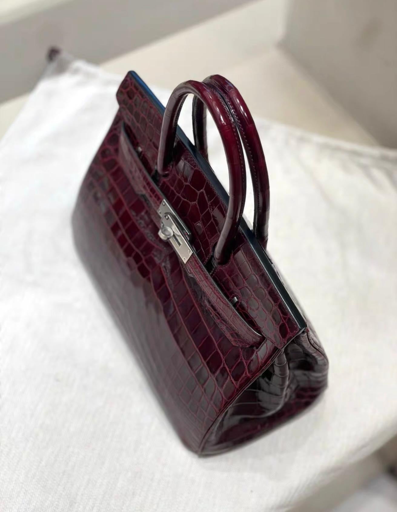 Hermes Birkin 30 Bordeaux Shiny Crocodile Leather Palladium Hardware
