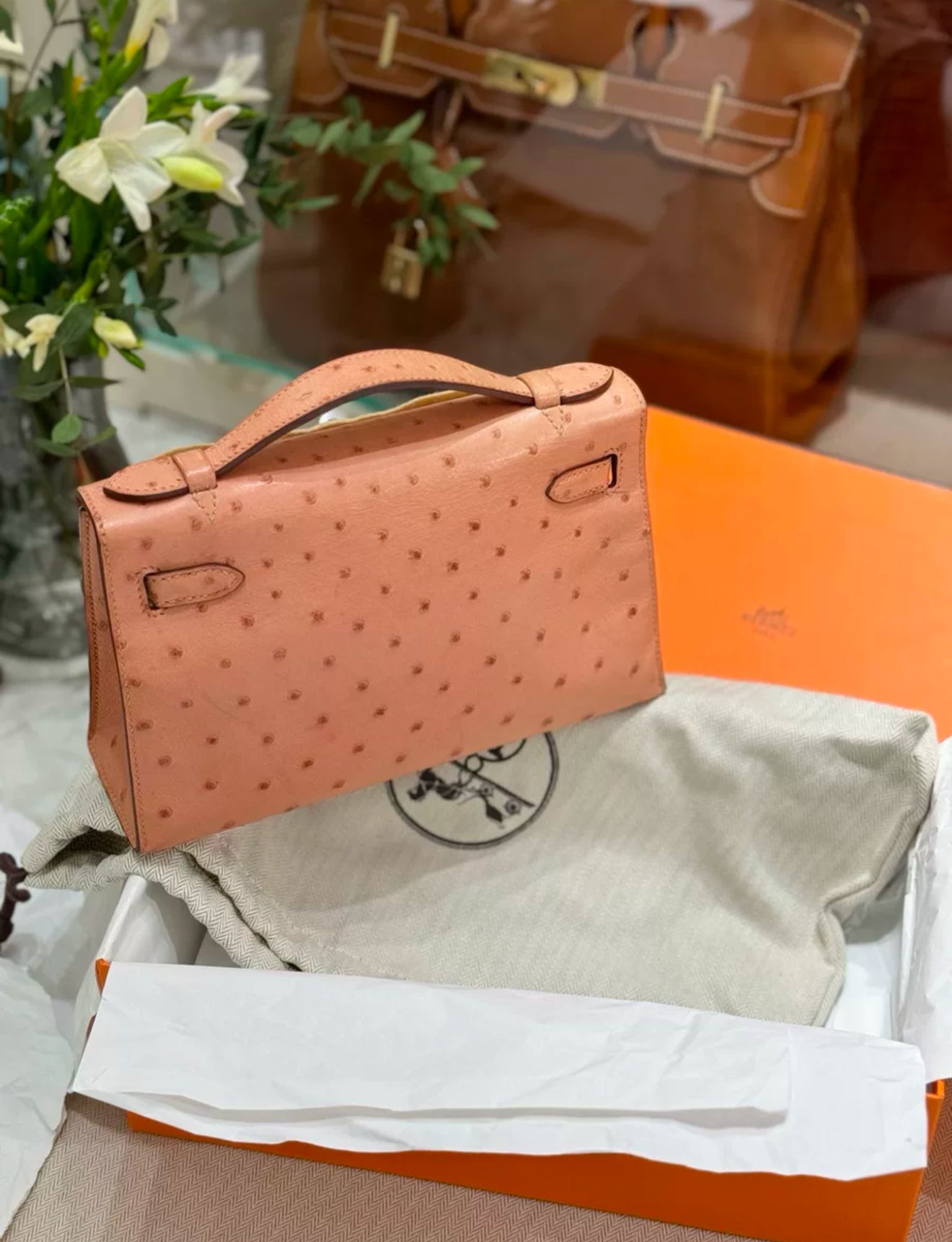 Hermes Kelly Pochette Pink Terre Cuite Ostrich Leather Palladium Hardware
