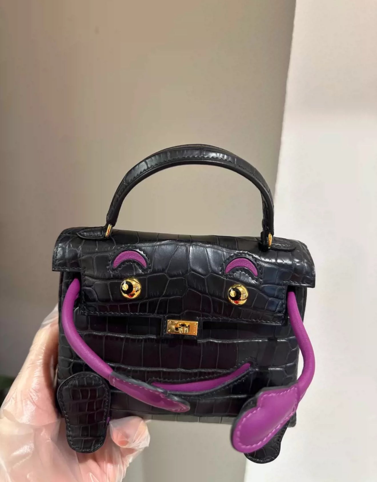 Hermes Kelly Doll Black Anemone Purple Alligator Crocodile Gold Hardware