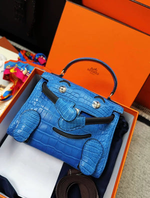 Hermes Kelly Doll Bleu Electric Matte Alligator  Black Swift Leather Palladium Hardware
