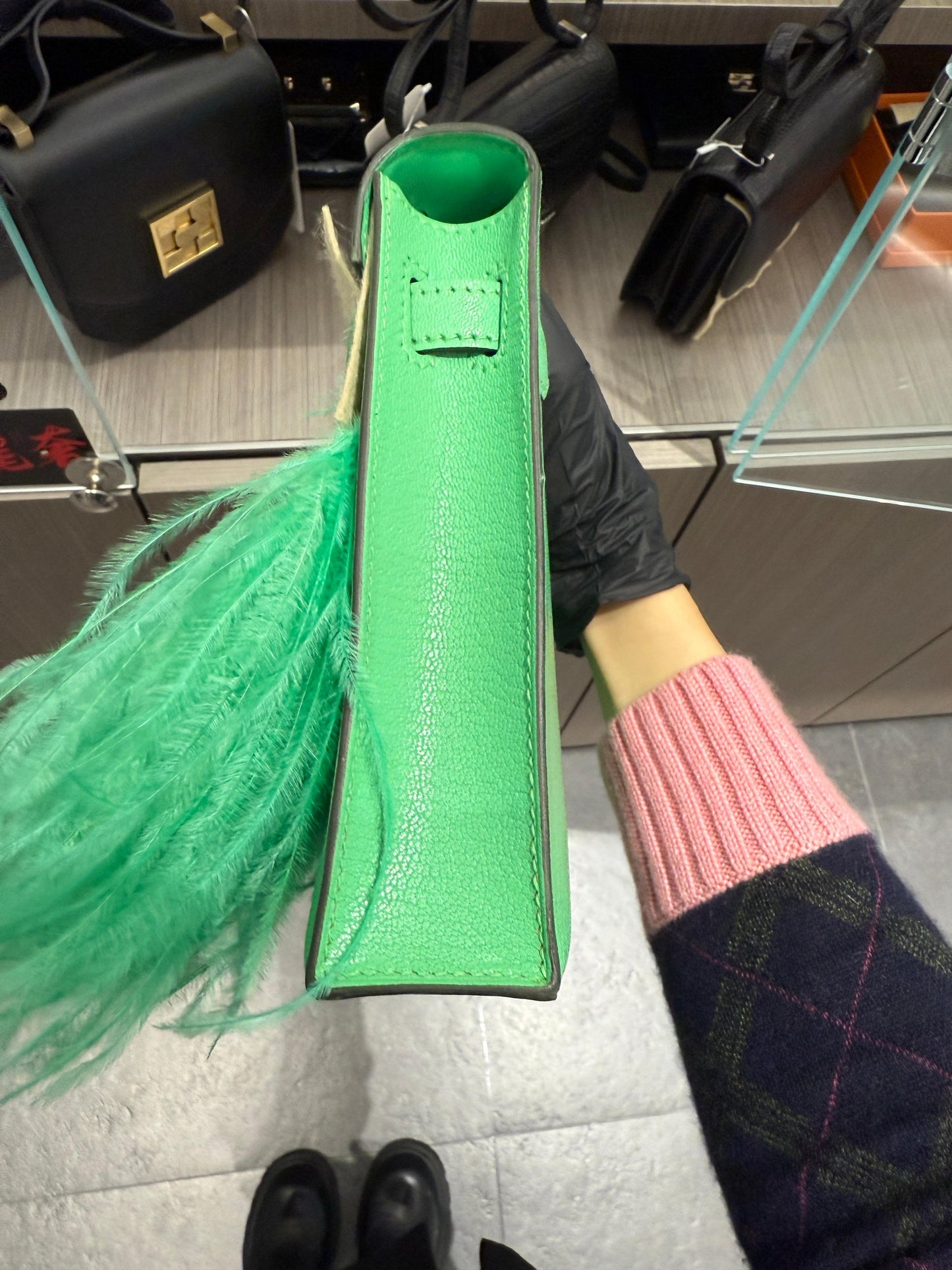 Hermès Kelly Elan Foile Vert Comics Chevre and Ostrich Feather Palladium Hardware