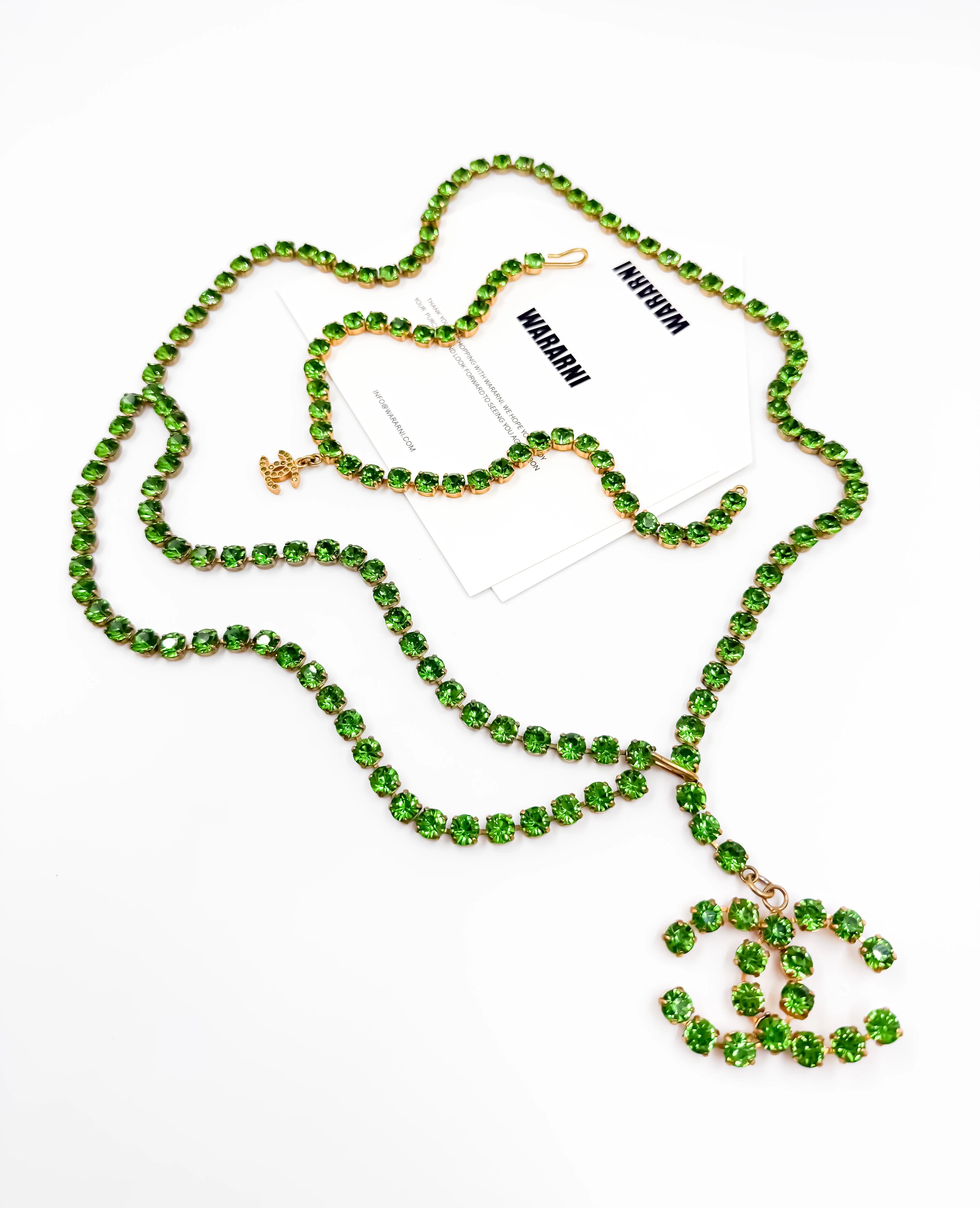 Chanel 1995P Vintage Barbie Collection Green Rhinestone Belt & Necklace Set