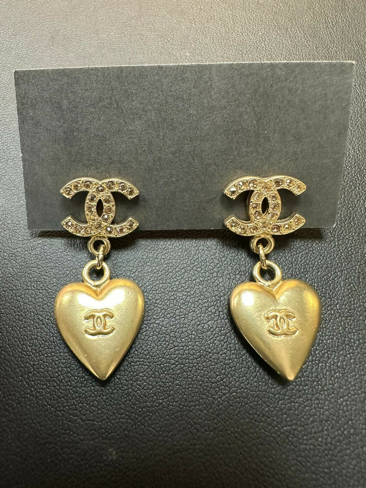 Chanel Vintage 2002 Rhinestone Metal CC Heart Dangle Stud Earrings