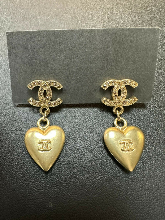 Chanel Vintage 2002 Rhinestone  Metal CC Heart Dangle Stud Earrings