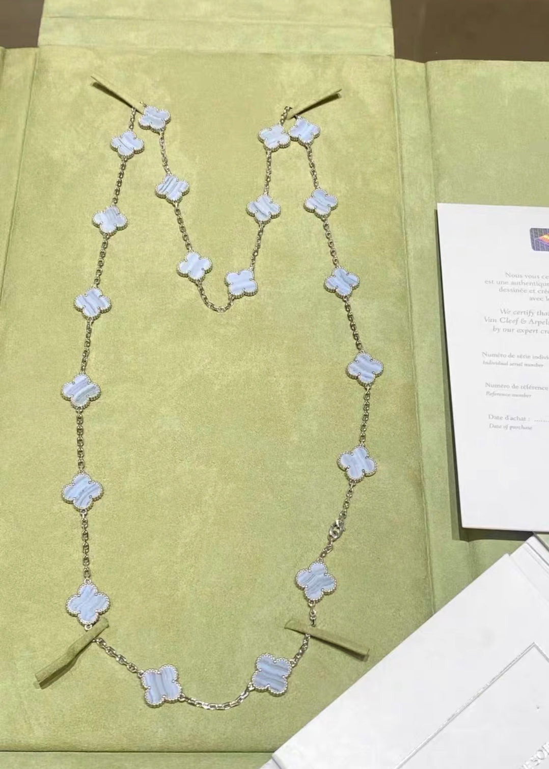 VCA Van Cleef  Arpels Vintage Alhambra long necklace, 20 motifs 18K white gold, Chalcedony 
Full set brand new