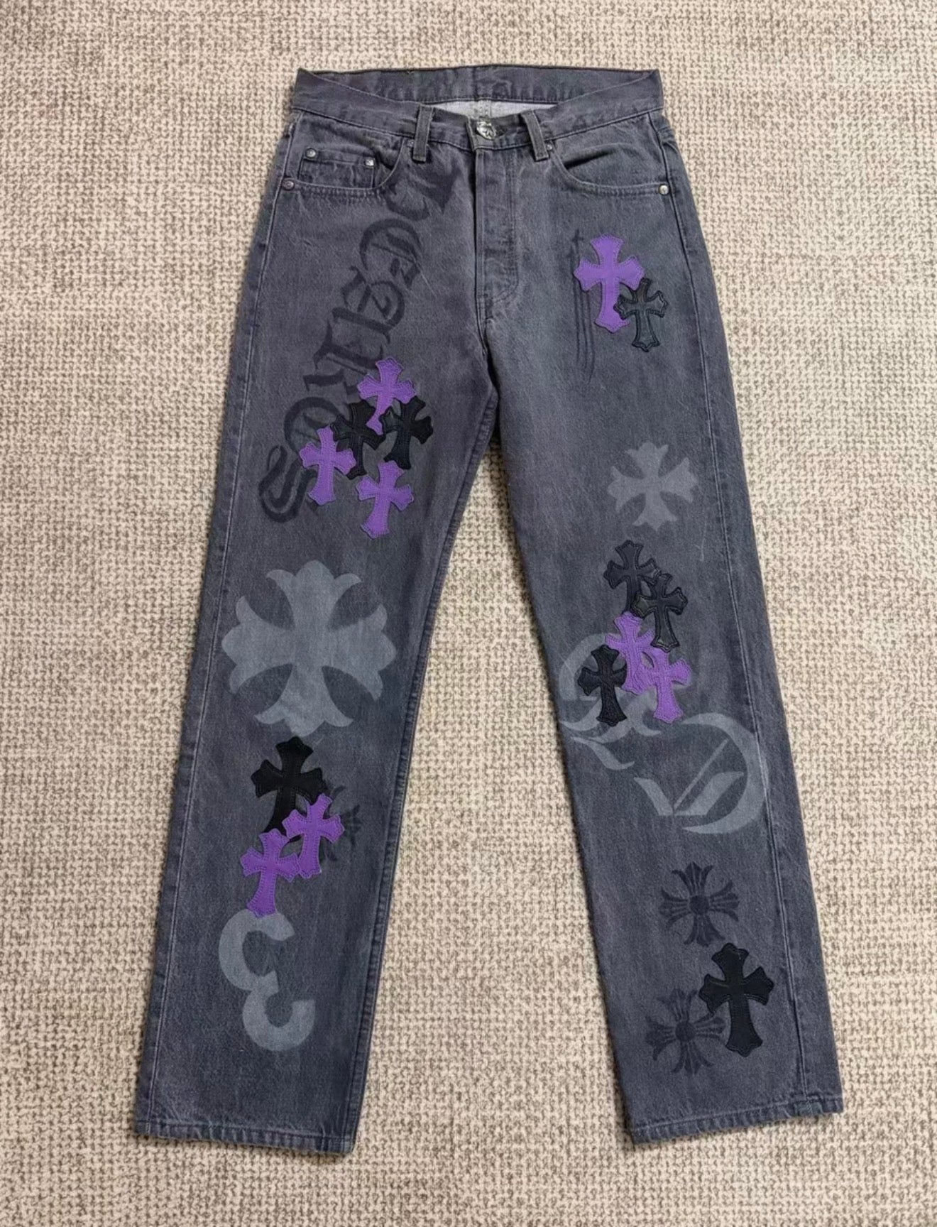 Chrome Hearts Black  Purple Spray-Painted Graffiti Cross Purple kings Jeans
