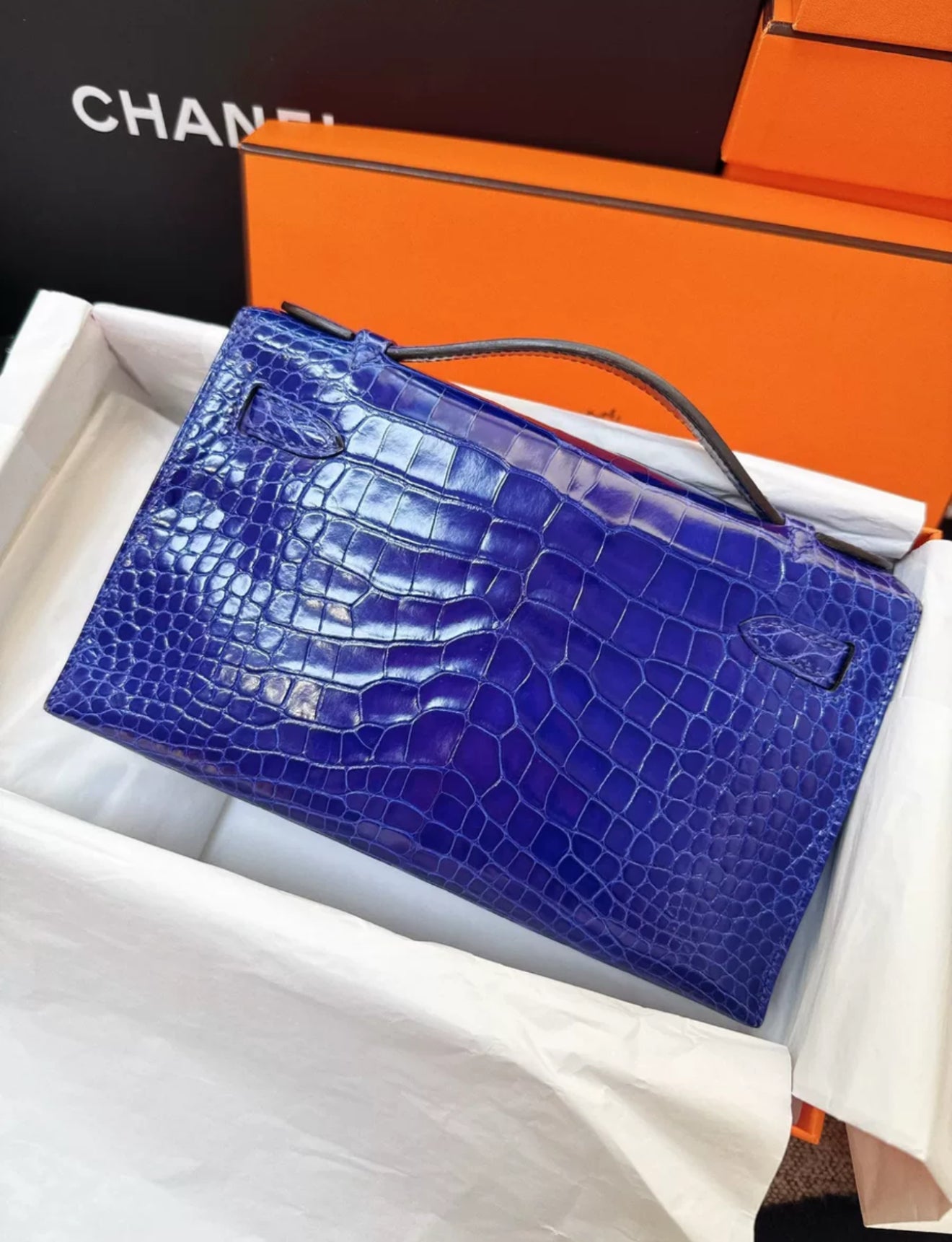 Hermes Kelly Pochette Blue electric　Alligator crocodile Leather Gold Hardware