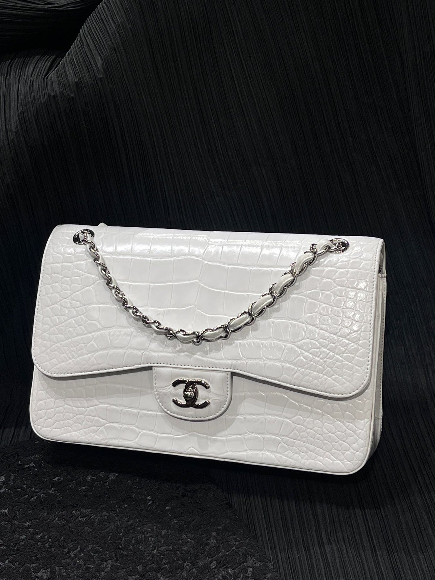 Chanel White Matte Alligator Leather Maxi Flap Silver hardware