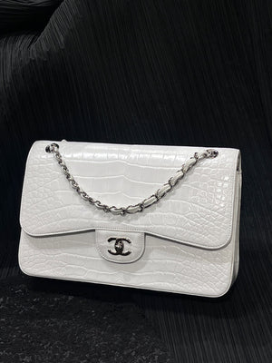 Chanel White Matte Alligator Leather Maxi Flap Silver hardware
