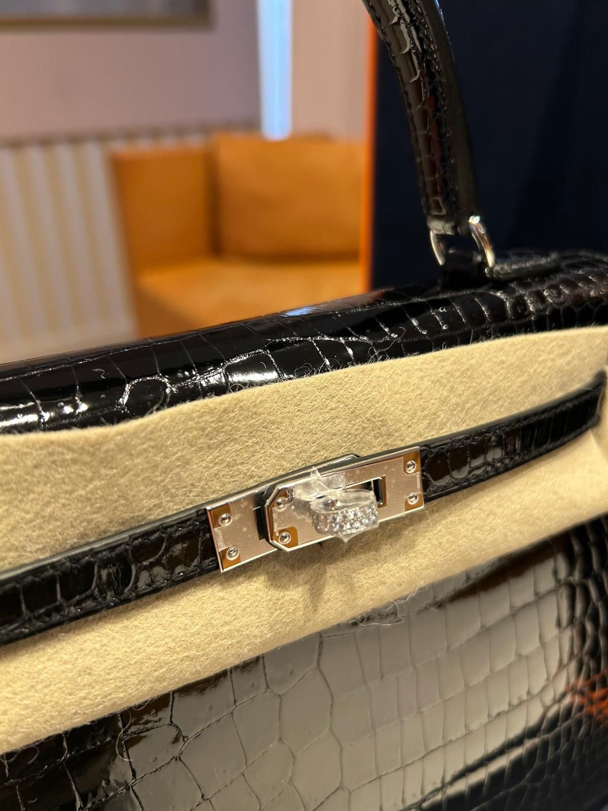 HERMES KELLY 25 MIDAS SHINY BLACK POROSUS CROCODILE SELLIER WITH 18K WHITE GOLD HARDWARE  DIAMOND HANDLE