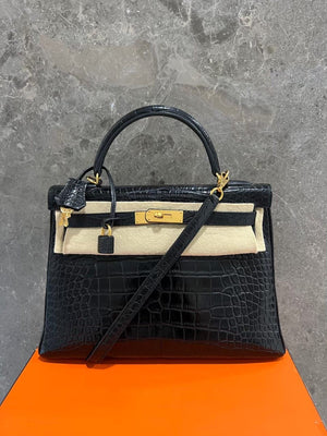 Hermes Kelly 32 Black Alligator Matte Gold hardware