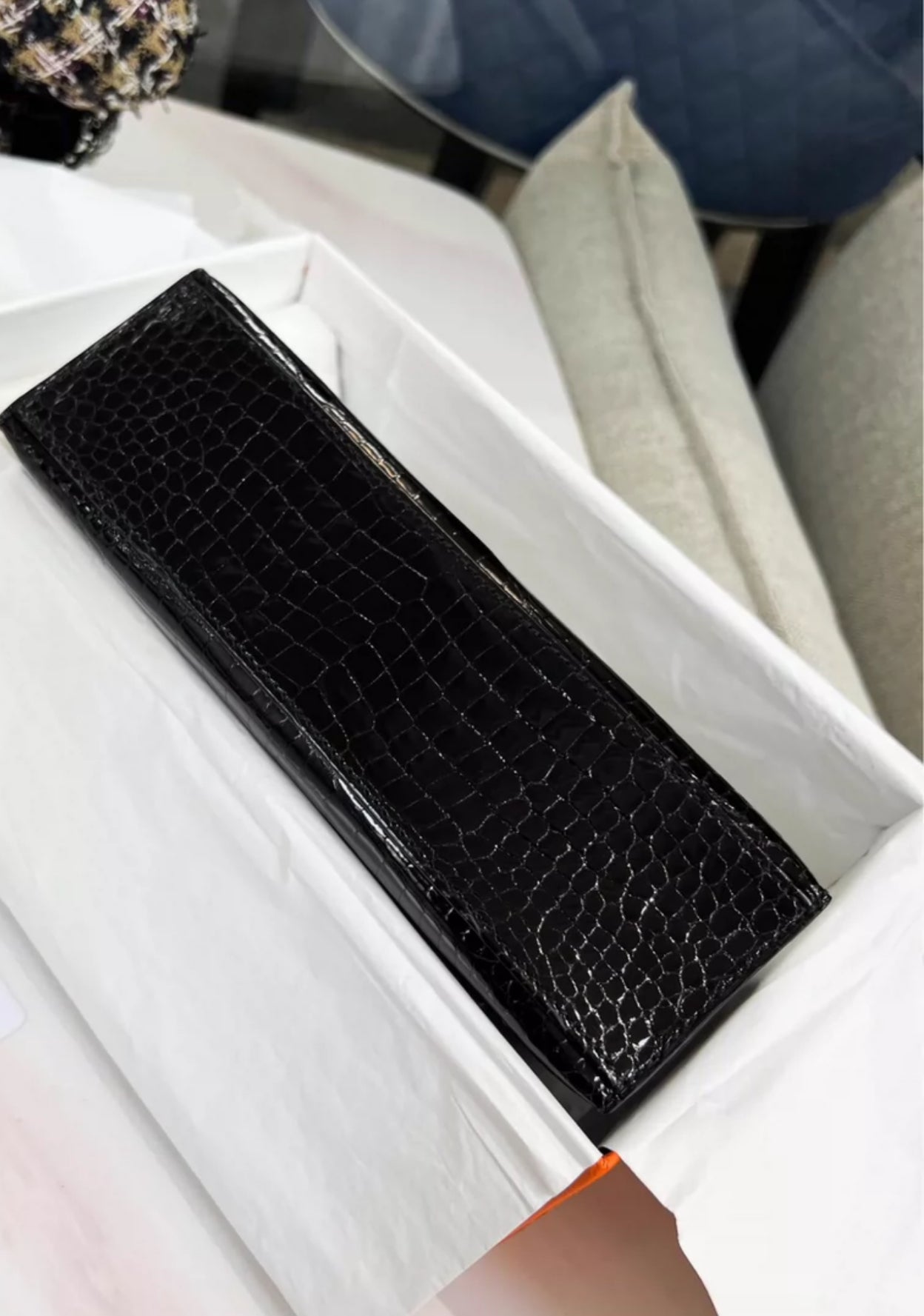Hermes Kelly Pochette Noir Black Shiny Crocodile Gold Hardware