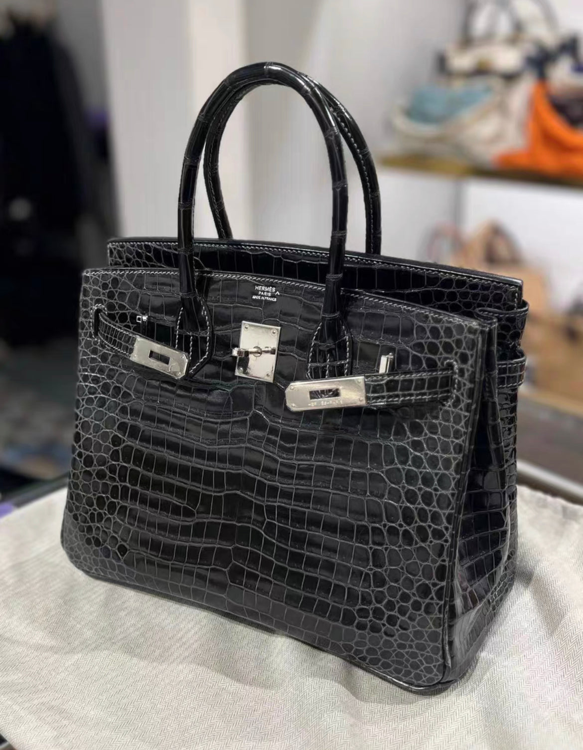 Hermès Birkin 30 Black Matte Crocodile with white stitching and Palladium Hardware