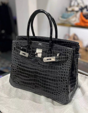Hermès Birkin 30 Black Matte Crocodile with white stitching and Palladium Hardware