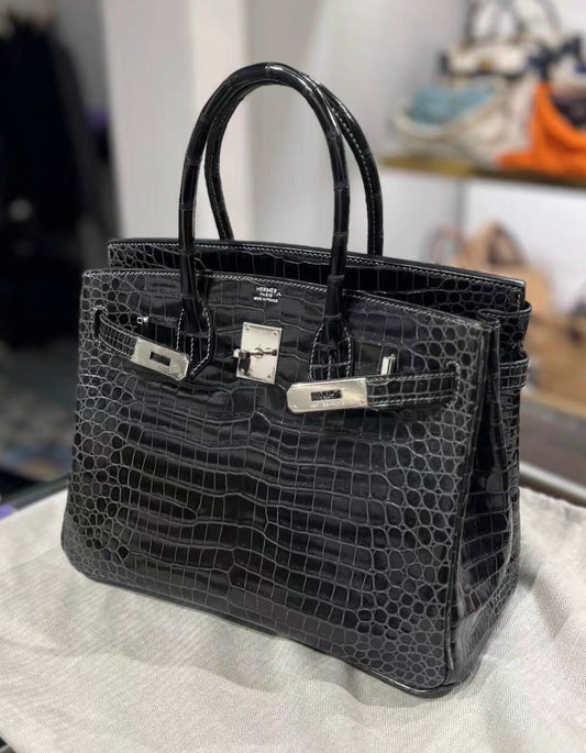 Hermès Birkin 30 Black Matte Crocodile with white stitching and Palladium Hardware