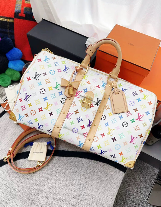 Louis Vuitton LV x Takashi Murakami Keepall 45 travel bag, white tri-color print