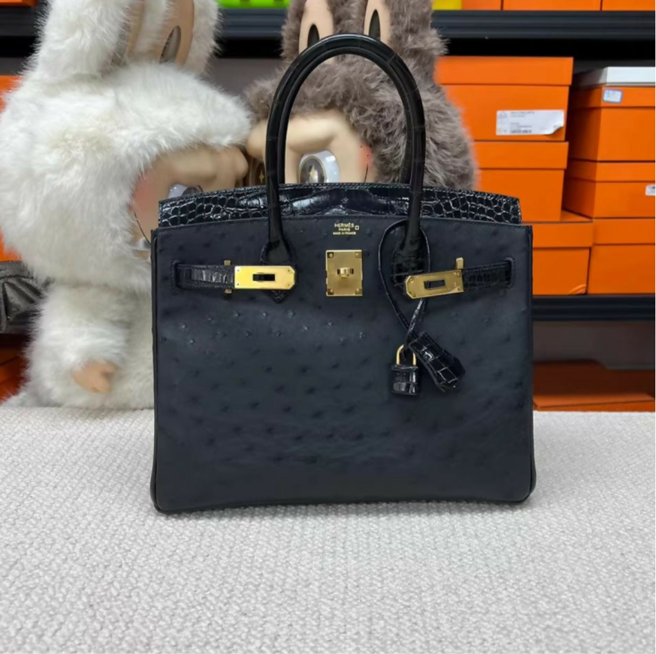 Hermès Birkin 30 Touch Black Ostrich  Shiny Crocodile leather with Gold Hardware