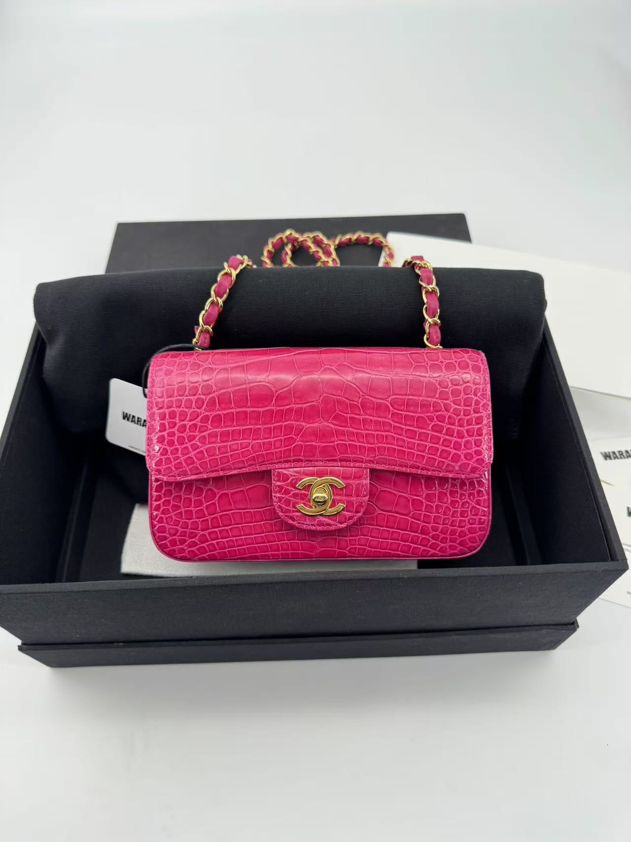 Chanel Pink Alligator Double Flap Bag Gold Hardware