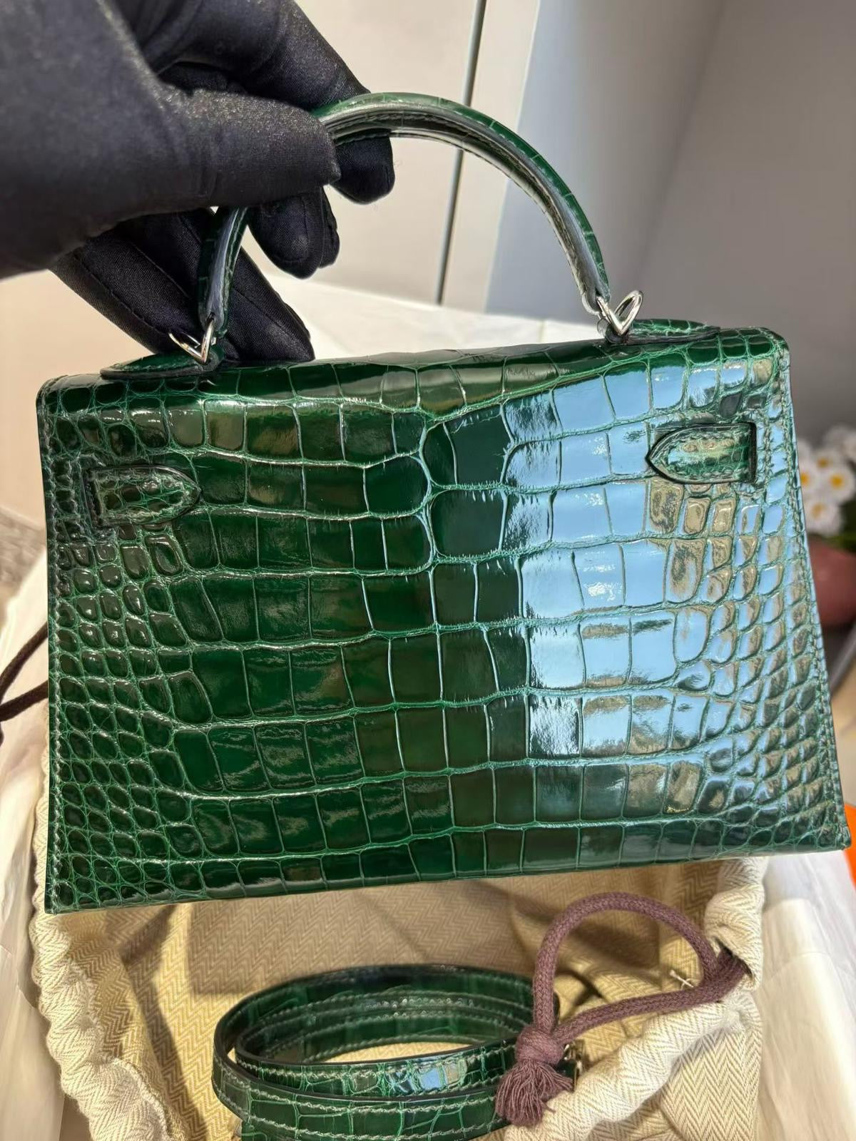 Hermes Mini Kelly 20 Green Emerald Shiny Crocodile Leather Palladium Hardware