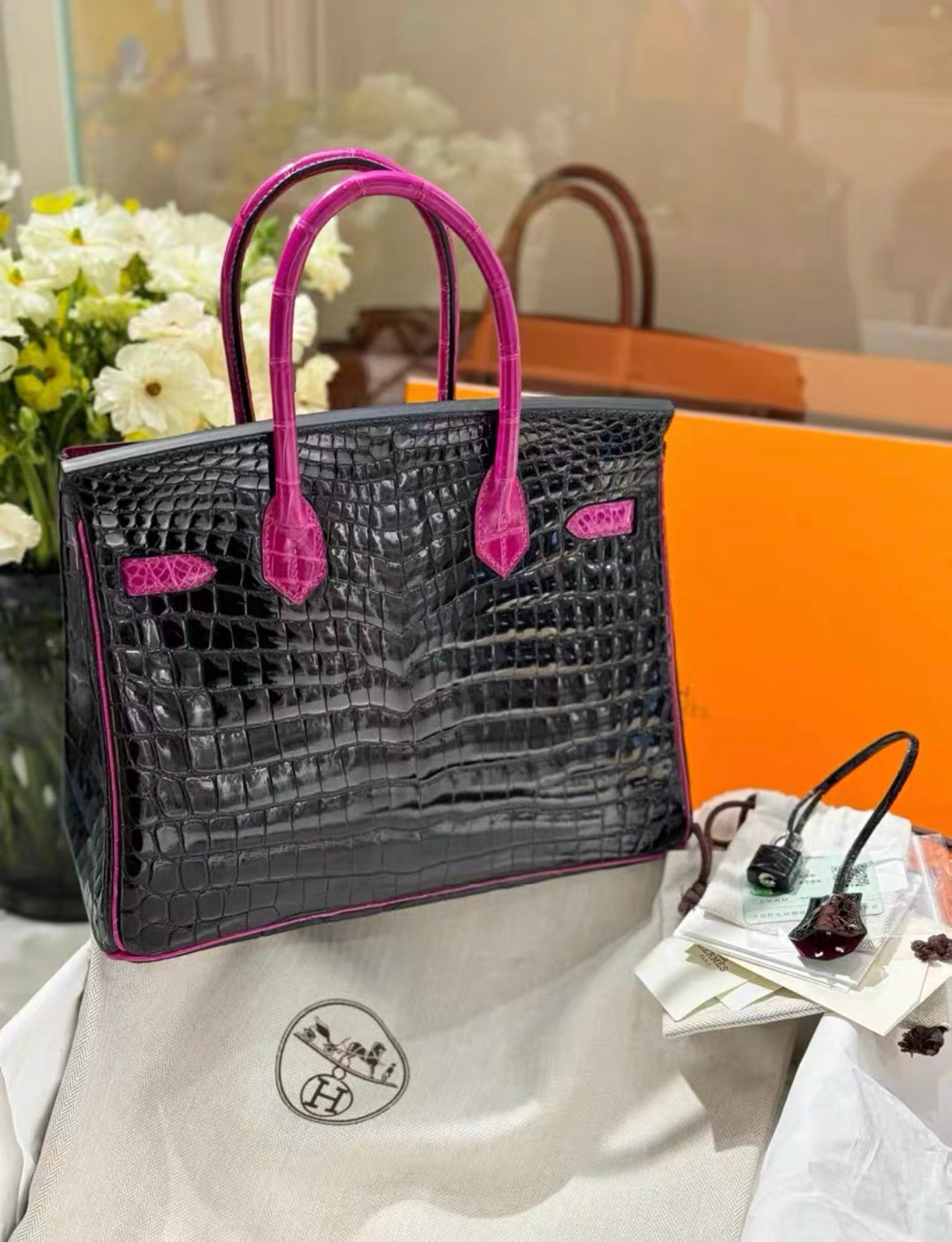 Hermes Birkin 30 Niloticus Crocodile Black  Fuchsia Pink Palladium Hardware