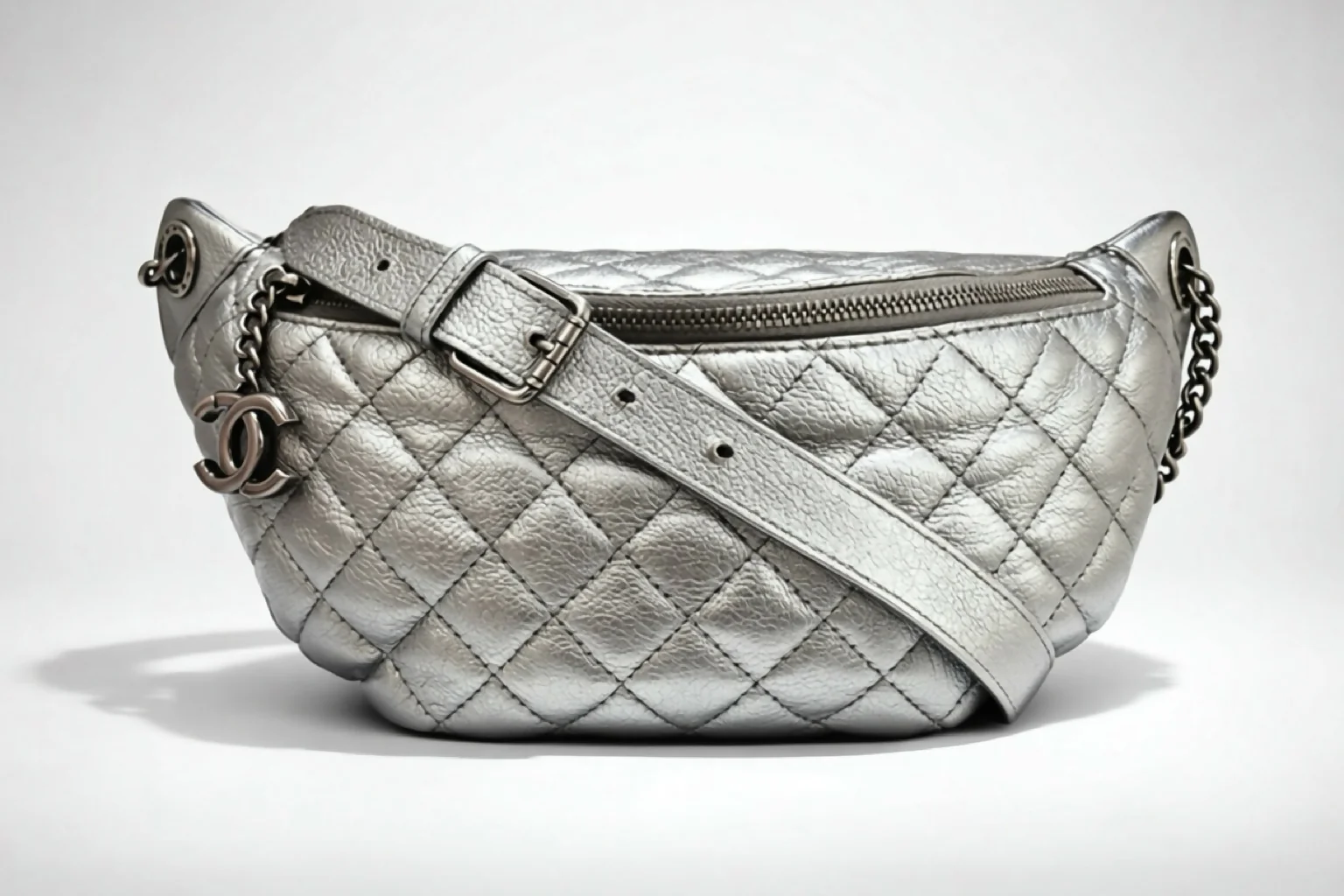 Chanel Quilted Metallic Silver Goatskin Banana Classic Waist Bag Fanny Pack