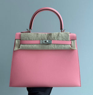 Hermes Kelly 25 Rose Confetti Epsom Palladium hardware