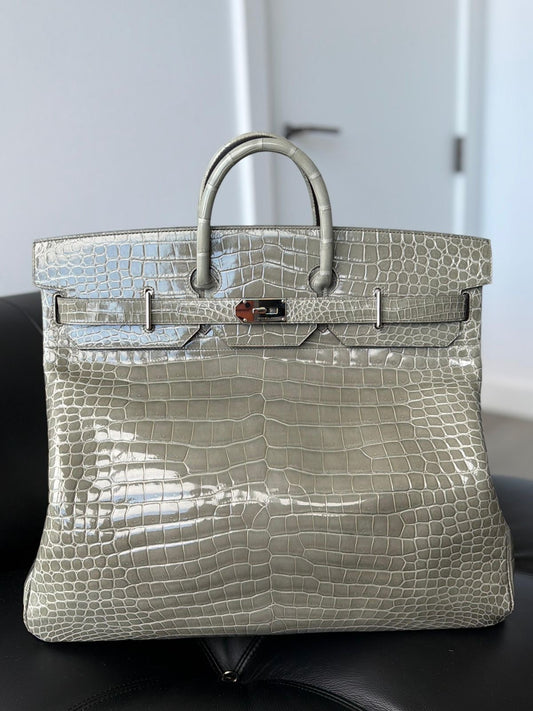 Hermes Birkin HAC 50 Gris tourterelle Shiny Porosus Crocodile leather palladium hardware