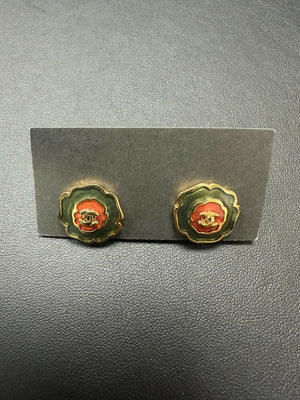 Chanel Vintage 03P Enamel Green and Red Flower Stacking Stud Earrings