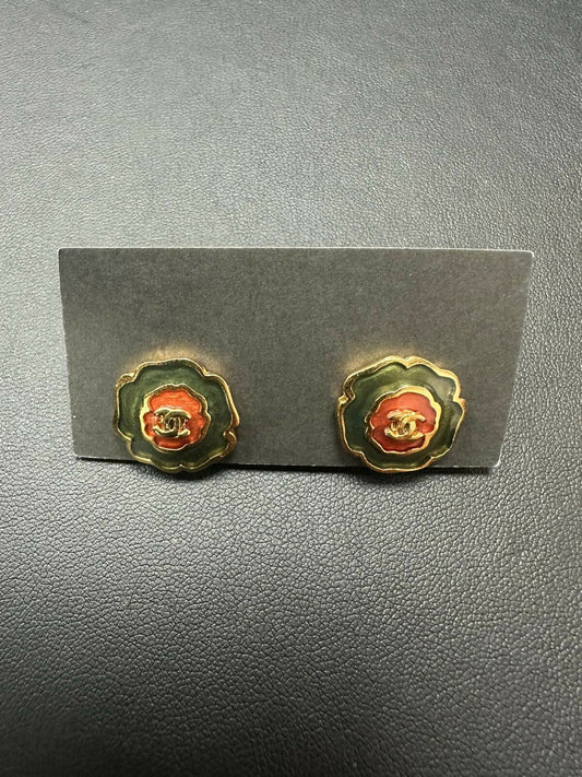 Chanel Vintage 03P Enamel Green and Red Flower Stacking Stud Earrings
