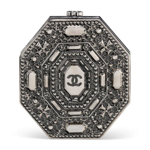 RARE CHANEL 2008-2009 BLACK  GRAY ENAMEL AND RUTHENIUM METAL CLUTCH ON CHAIN
