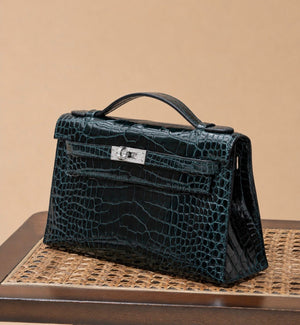 Hermès Kelly pochette Vert Cypress Shiny Porosus white gold Diamond hardware