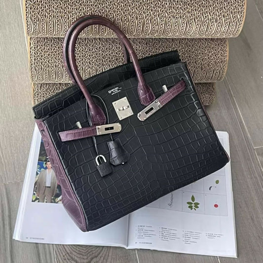 Hermès Birkin 30 Black  Purple Matte Crocodile leather with palladium Hardware